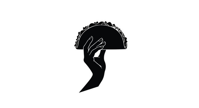 Taco held by a hand is presented as a minimalist black and white icon for a restaurant menu design.