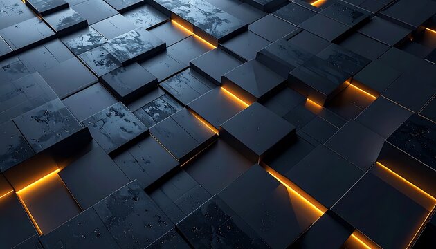 Dark metallic blocks with orange lights.
