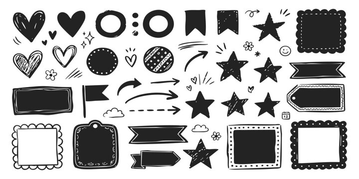 Set of hand drawn doodle shapes including hearts stars frames arrows and banners for creative design projects