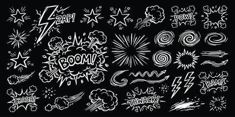 Collection of comic book style explosion effects speech bubbles and action lines in black and white sketch © ZenVectors