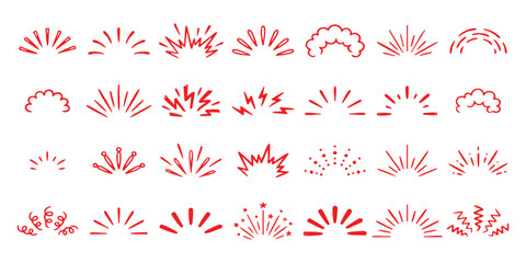 Set of hand drawn comic book explosion and starburst design elements in red color for graphic design projects © ZenVectors