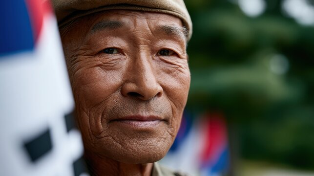 korean war veteranportrait, documentary-style portrait of elderly korean independence veteran with taegukgi flag, showcasing emotional details against a respectful, patriotic backdrop