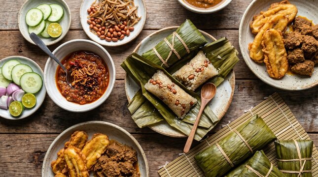 A top-down flat lay shot of Indonesian lepet sticky rice cakes with peanuts, served on banana leaves alongside beef rendang, fried bananas, crispy anchovies, and spicy sambal ulek.