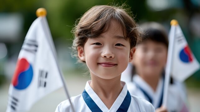 korean independence day parade, a true documentary showcasing korean schoolchildren proudly holding taegukgi flags during independence day, radiating patriotism in a candid, vibrant atmosphere
