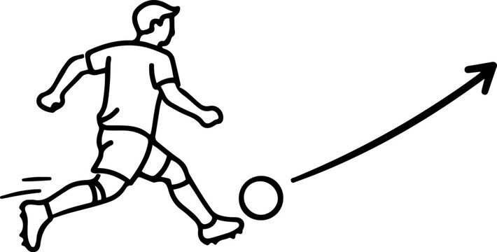 Soccer player kicking ball with motion lines and upward trajectory on transparent background