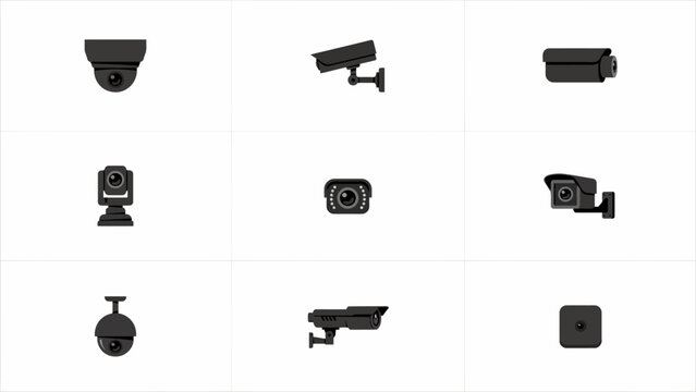 Collection of nine different security cameras in modern black design