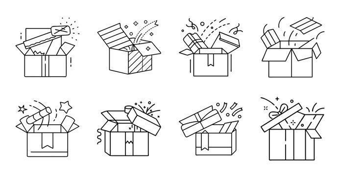Colorful gift boxes with various items inside - Illustrated set of open gift boxes revealing different surprise items like books, toys, and food.