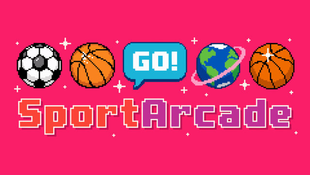 Colorful pixel art sports arcade game banner with soccer ball, basketball, globe, and go speech bubble