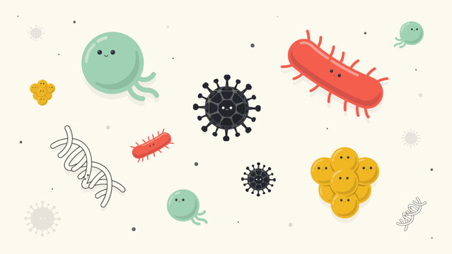 Colorful illustration of various germs and viruses including bacteria, amoeba, and coronavirus