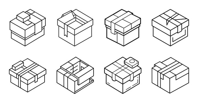 Flat pack boxes illustration set - Minimalist vector icons showing different flat pack box styles and assembly stages for design projects.