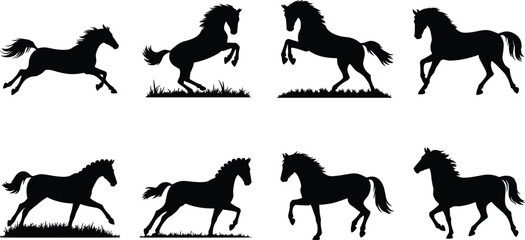 Fototapeta premium Horse silhouette vector set with running, rearing, and trotting posesHorse silhouette vector set with running, rearing, and trotting poses