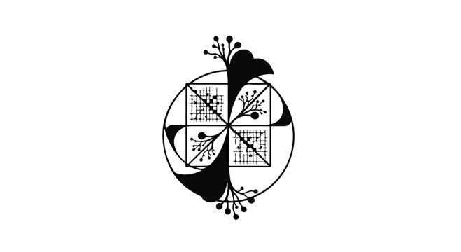 Symbol featuring a circular frame with four internal quadrants and stylized floral accents displays a minimalist aesthetic.
