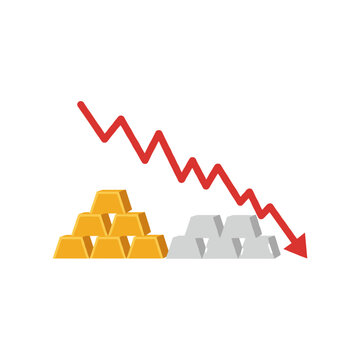 Financial chart showing a red downward trend arrow over stacks of gold and silver bars, representing economic decline and market instability