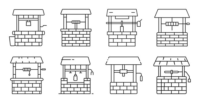 Old fashioned well designs with brick and wood - Eight stylish vintage well illustrations showing different designs with brick and wooden elements for historical or rustic projects.