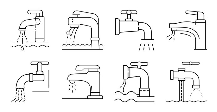 Various faucet and shower designs illustration - Simple vector icons showing different types of faucets and showerheads in clean, minimalist style for design use.