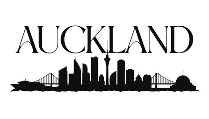 Fototapeta premium Vector illustration of Auckland skyline in black silhouette, with “AUCKLAND” text, on white background, modern city identity and tourism design