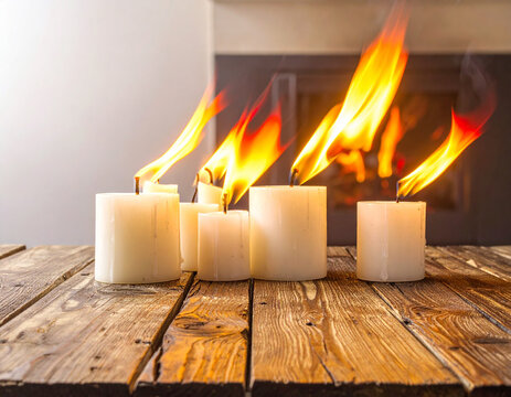 Bright yellow and red flames dance atop a group of white wax candles arranged on a rustic wooden table.