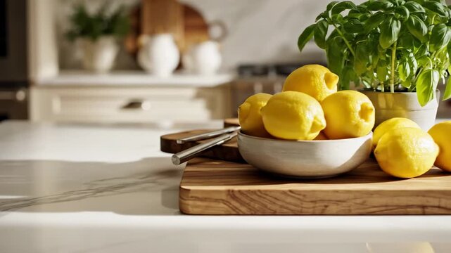 Bright citrus fruits gathered in a ceramic bowl upon a rustic wooden board, complemented by fresh green herbs, invitingly arranged on a gleaming countertop surface within a sunlit kitchen