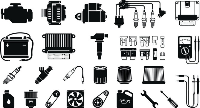 Automotive Electrical System and Engine Parts Black Silhouette Icon Set Featuring Car Battery Alternator Starter Motor Spark Plugs ECU Fuses Multimeter Ignition Coil and Filters