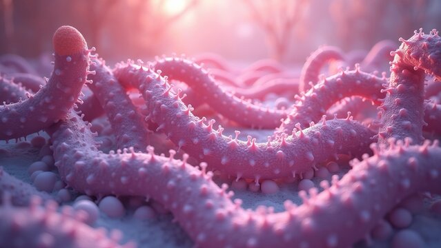 Microscopic view of pink parasitic worms or pathogens.
