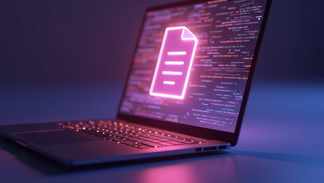 Neon glowing file icon on laptop screen with digital code background.