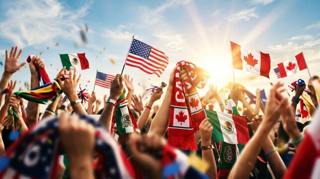 Crowd cheering with flags and scarves under a sunny sky