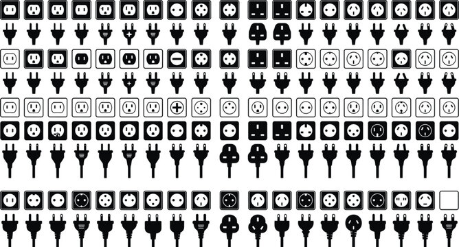 Comprehensive World Travel Adapter and Power Outlet Black Silhouette Icon Set Featuring Global Electrical Plugs and Sockets Types A through N