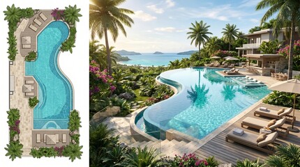 Fototapeta premium Luxury Tropical Resort Infinity Pool Architecture Design Featuring Top View Blueprint and Realistic Coastal Landscape Scene