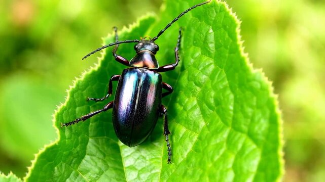 Shiny blue beetle crawling on a bright green leaf in the garden