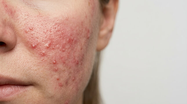 Extreme close up of skin inflammation and acne texture on woman face