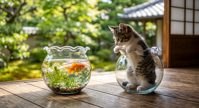 Funny tabby kitten sitting inside an empty glass fishbowl looking at a red goldfish in the neighboring bowl, cute cat on a traditional Japanese engawa veranda in summer