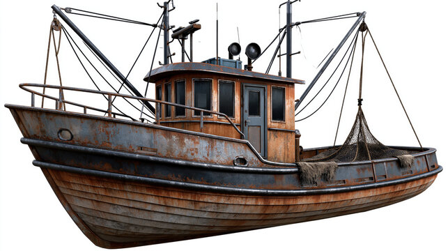 Rusty fishing boat abandoned trawler old wooden hull weathered metal nautical rope fishing net maritime vessel isolated background vintage ship rustic texture Rusty fishing boat abandoned trawler