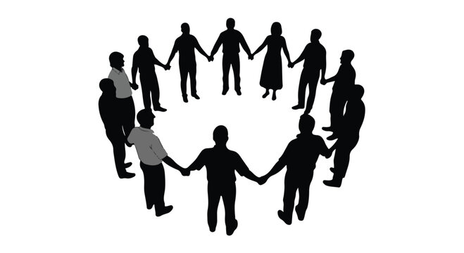People stand together in a large circle holding hands to represent unity, community, and cooperation.