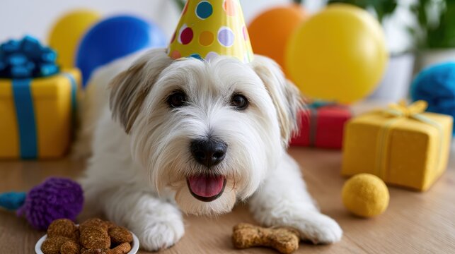 dog birthday party, dogs birthday bash with fun accessories, gifts, and lively atmosphere creates a high-quality, realistic, and stylish celebration