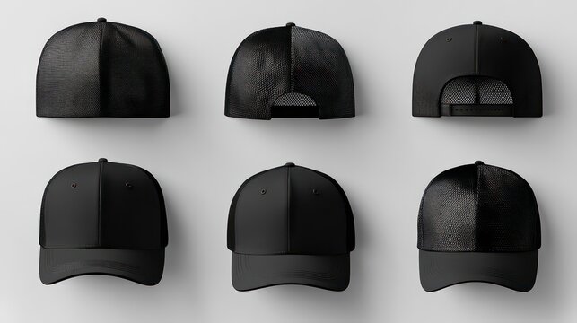 Six black trucker hats with mesh back are displayed in different angles on a white background.