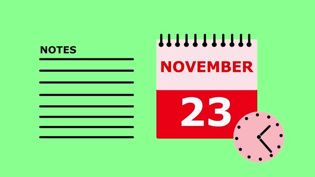 November 23 calendar page with notes on green background date.