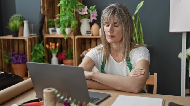 Middle age blonde woman florist holds head with hands over laptop at workspace among potted plants, vases and wrapping paper in studio; frustration.