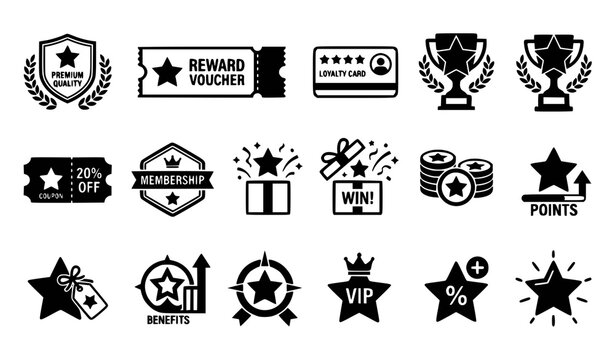 Black and white reward and loyalty program icon set