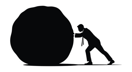 Silhouette of Man Struggling to Push Large Boulder Uphill. © nanda