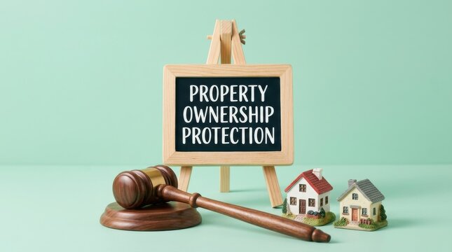 Property ownership protection concept, judge gavel with house models and chalkboard sign, real estate law and legal rights for homeowners