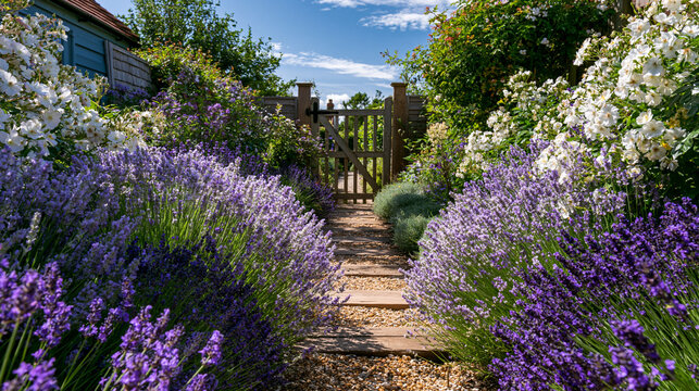 Lavender Pathway to Serene Garden Oasis: Vibrant Floral Escape in Rural Countryside