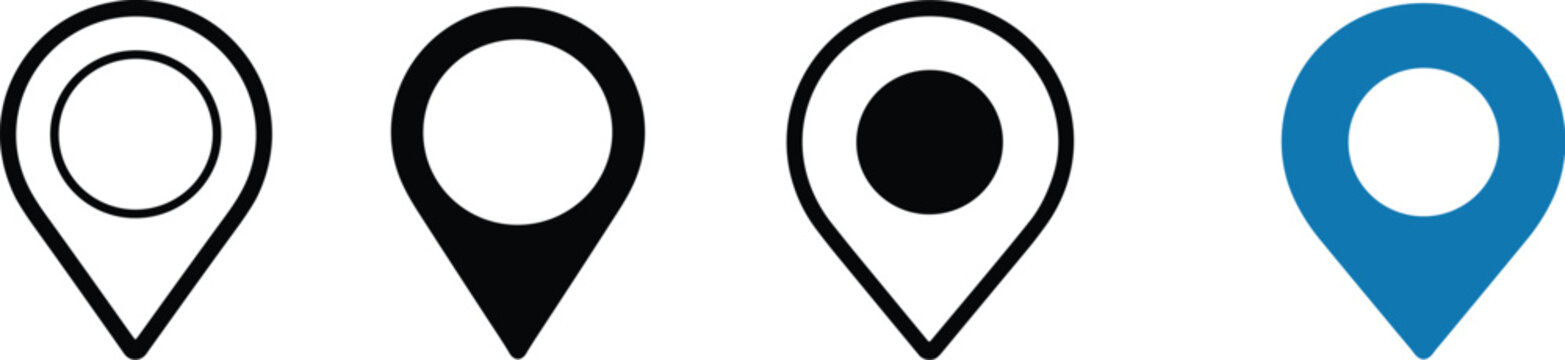 Four distinct map pin arranged in a horizontal row featuring black outline and solid blue variations representing location markers for navigation systems and geographic mapping applications