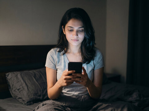 18 year old indian young woman using smartphone at night in bedroom representing digital lifestyle social media addiction insomnia online learning and technology habits