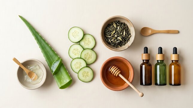Natural Skincare Essentials Flat Lay: Aloe Vera, Cucumber, Honey, Green Tea, Oils for Organic Beauty & Wellness
