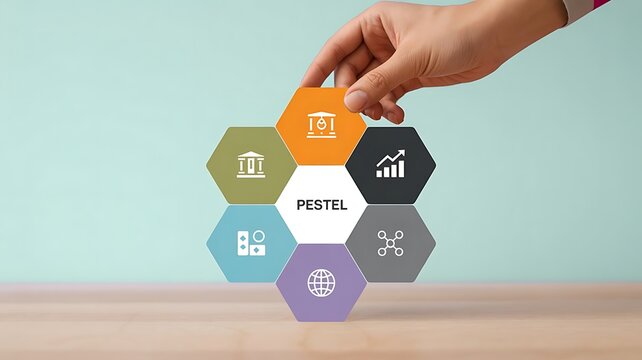 Strategic PESTEL business analysis concept with hand placing final hexagonal block, integrating political, economic, social, technological, environmental, and legal factors for comprehensive planning 