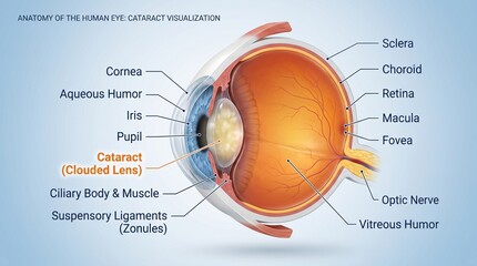 Fototapeta premium Human eye anatomy illustration with cataract visualization
