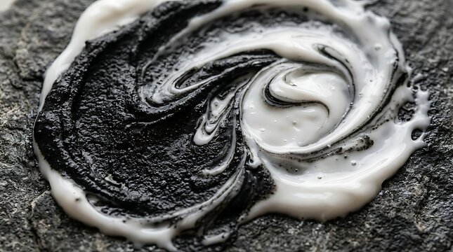 Abstract Swirl of Black Charcoal and White Creamy Skincare Mask on Textured Stone, Illustrating Cosmetic Contrast and Harmony