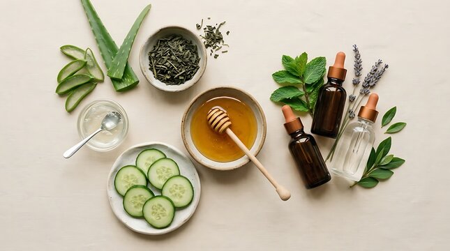 Organic Skincare Ingredients Flat Lay: Aloe Vera, Cucumber, Honey, Green Tea, Mint, Lavender, and Essential Oils for Natural Beauty and Wellness