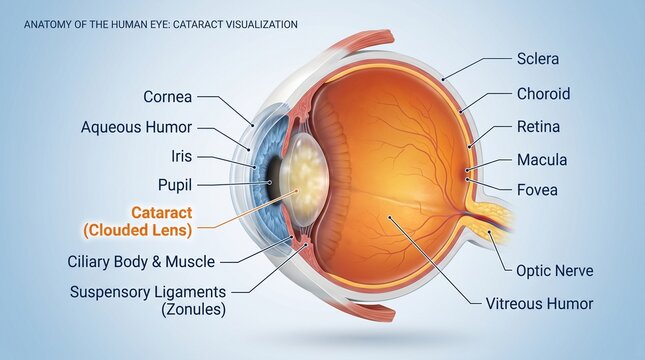 Human eye anatomy illustration with cataract visualization