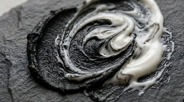 Luxurious Swirl of Black Charcoal Cream and White Moisturizer on Dark Slate, Highlighting Skincare Texture and Beauty Products
